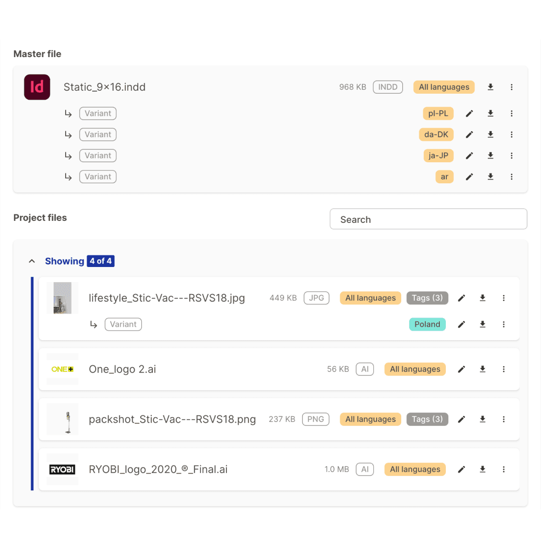 Project view showing an InDesign master file and multiple design file variants in different languages and formats. Visualises structured asset management and variant control.