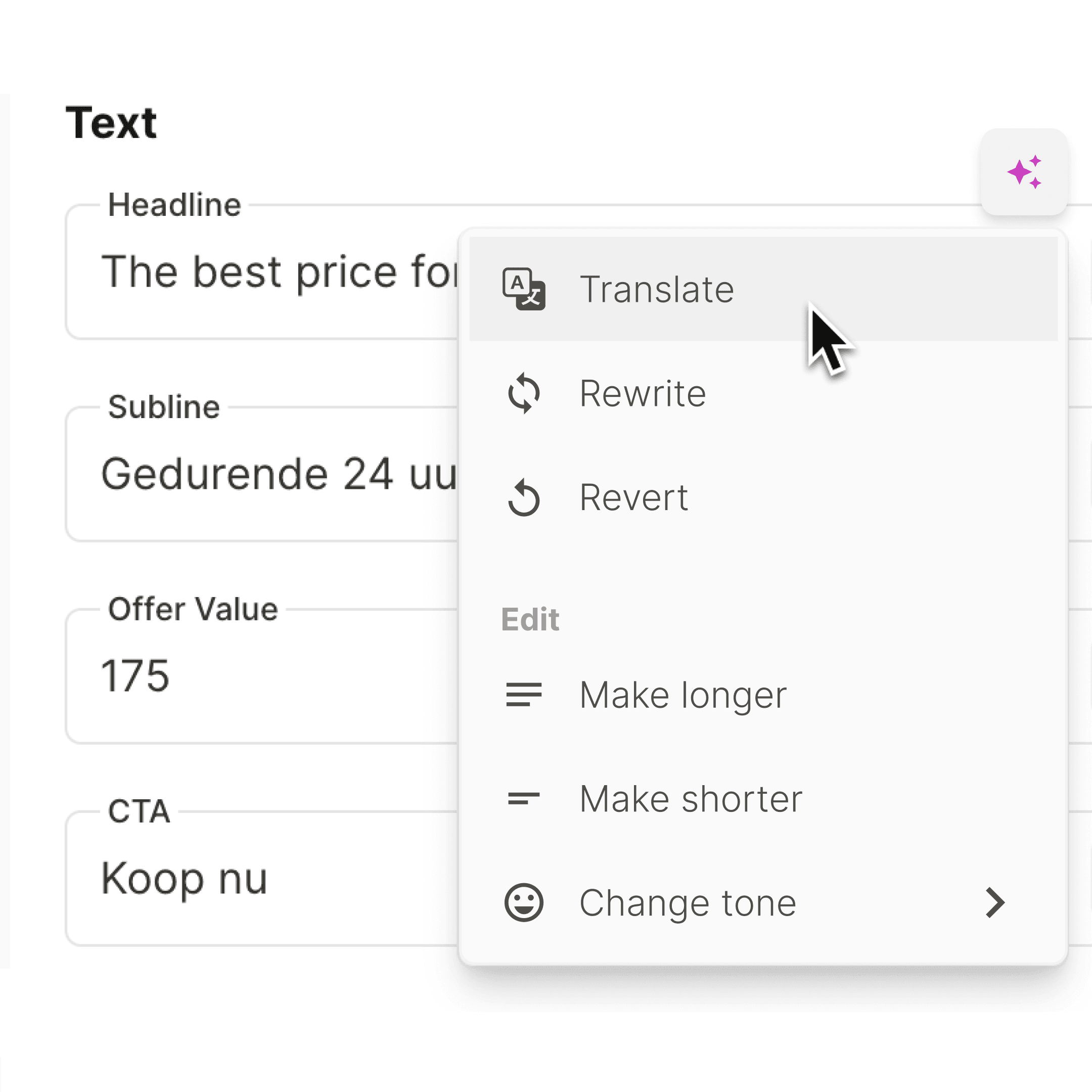 Copy editing panel with AI-powered translation, rewrite, and tone options. Highlights smart language tools for localised creative content generation.