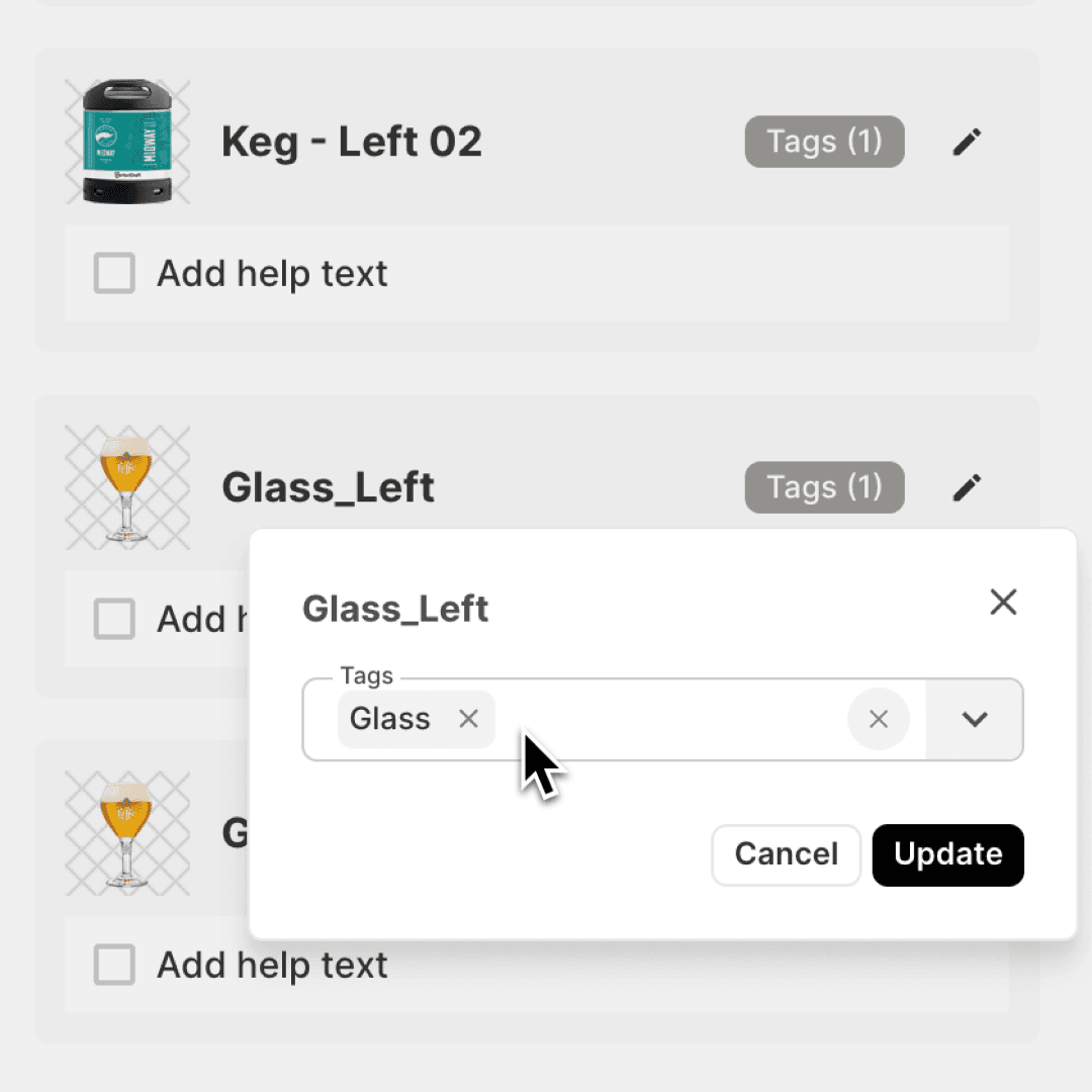Tagging interface for image elements with contextual help and metadata editing. Demonstrates customisable creative components and structured content tagging.