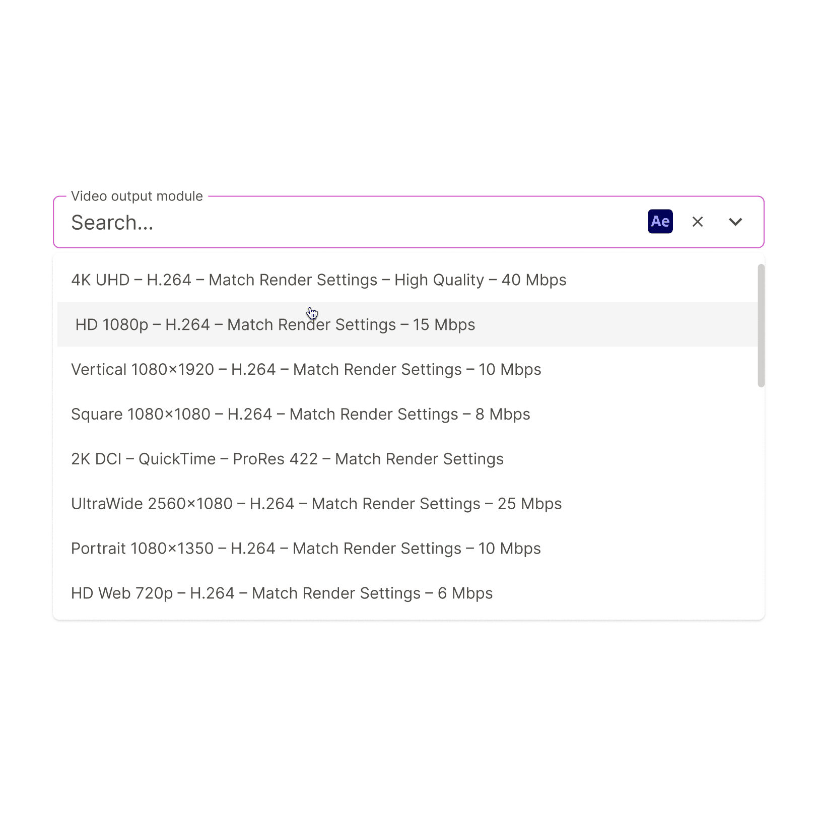 Output module for After Effects showing render settings across formats and bitrates. Illustrates automated video rendering presets to maintain brand quality across platforms.