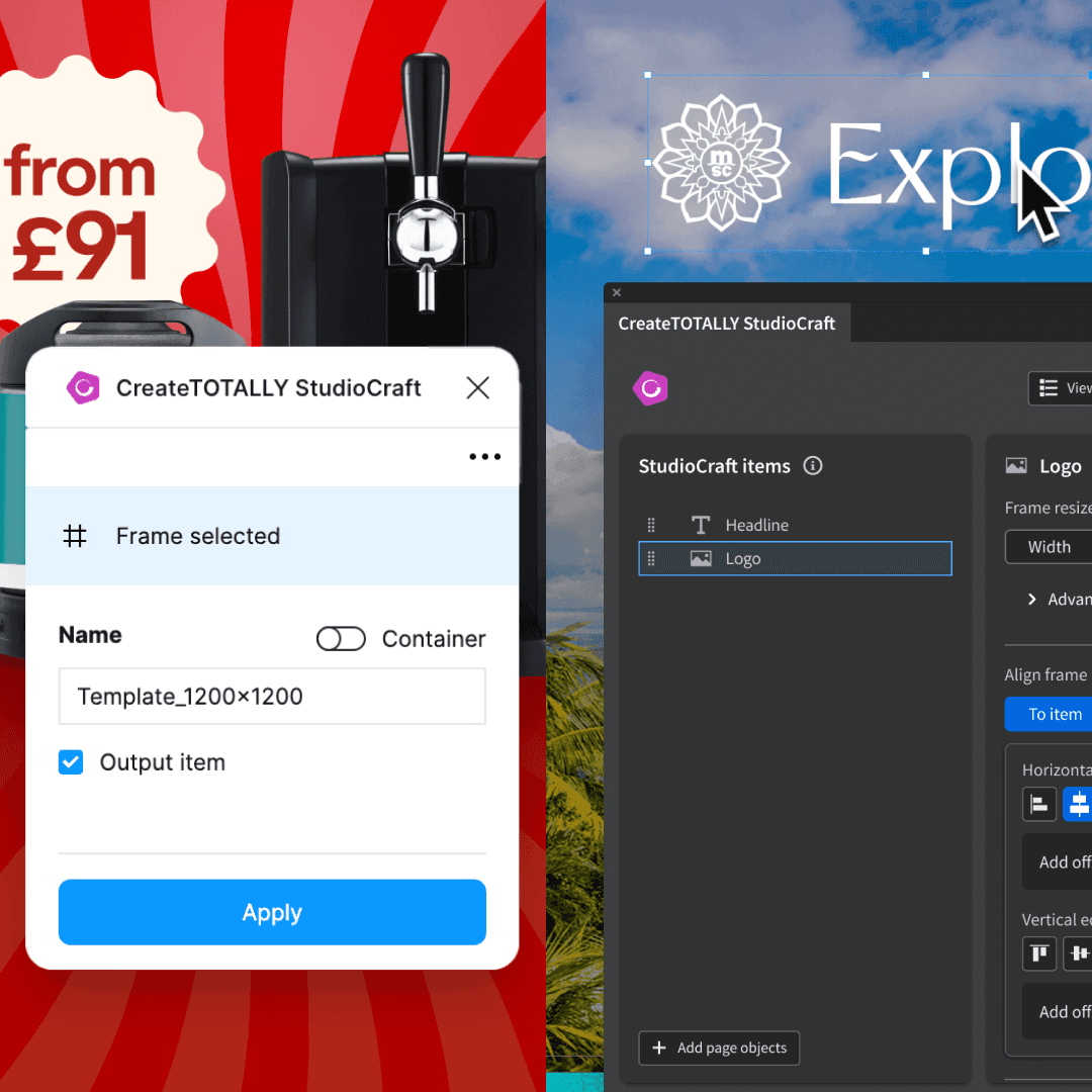 StudioCraft plugin views side-by-side for different creative outputs. Shows how real design files are dynamically adapted within the CreateTOTALLY system.