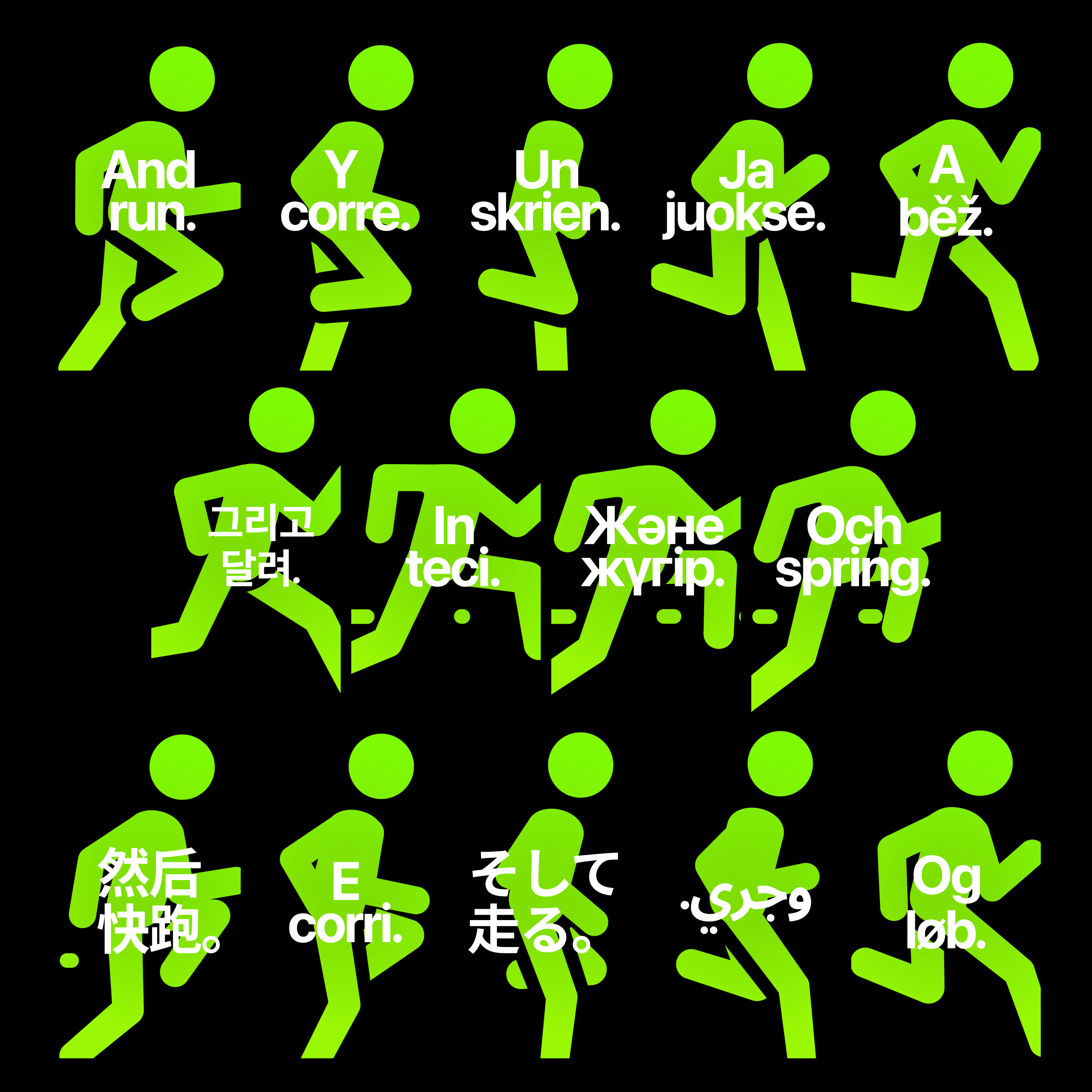 Grid of neon green running icons each with translated text in multiple languages. Highlights the creative complexity and duplication caused by manual localisation workflows.