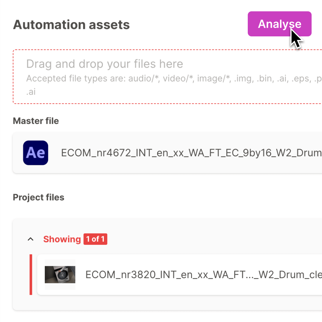 Upload UI with a highlighted “Analyse” button next to an After Effects project file. Marks the start of the creative automation pipeline.
